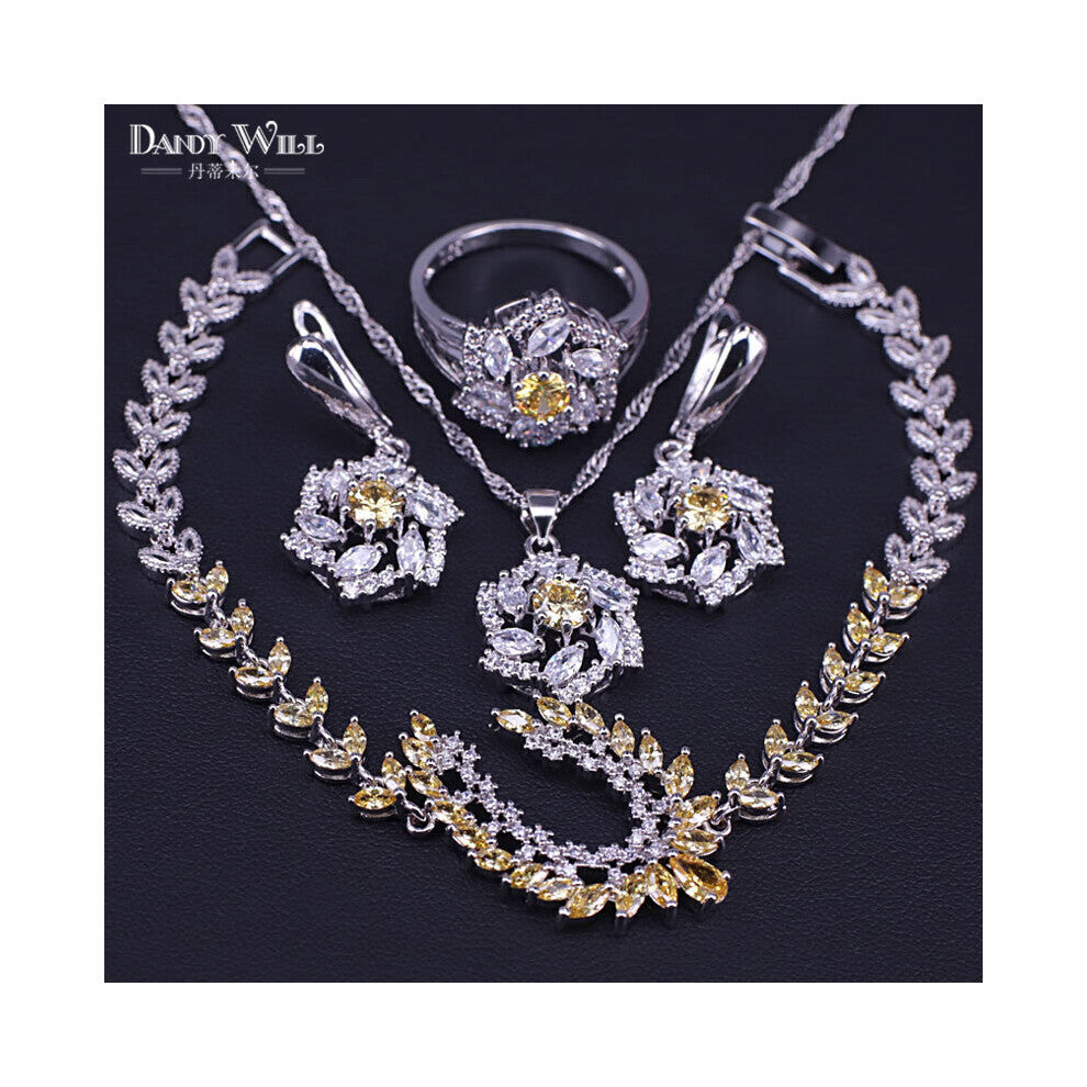 (Silver Plated, 9) Many Colors Silver Jewelry Set Yellow Cubic Zircon & Crystal pendant-Women earrings-necklace-Rings Set