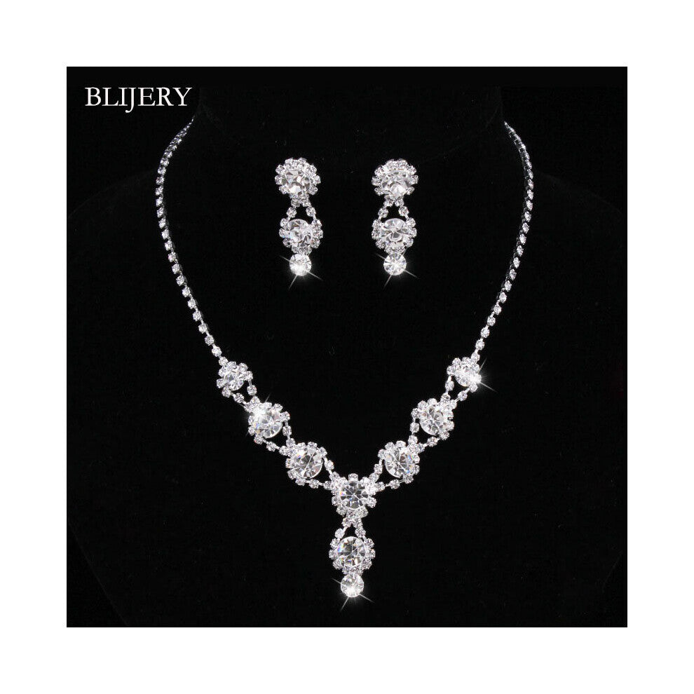 Rhinestone Crystal Drop Wedding NECKLACE+EARRINGS SET Silver Bridal Jewelry Sets Women Dress Accessories