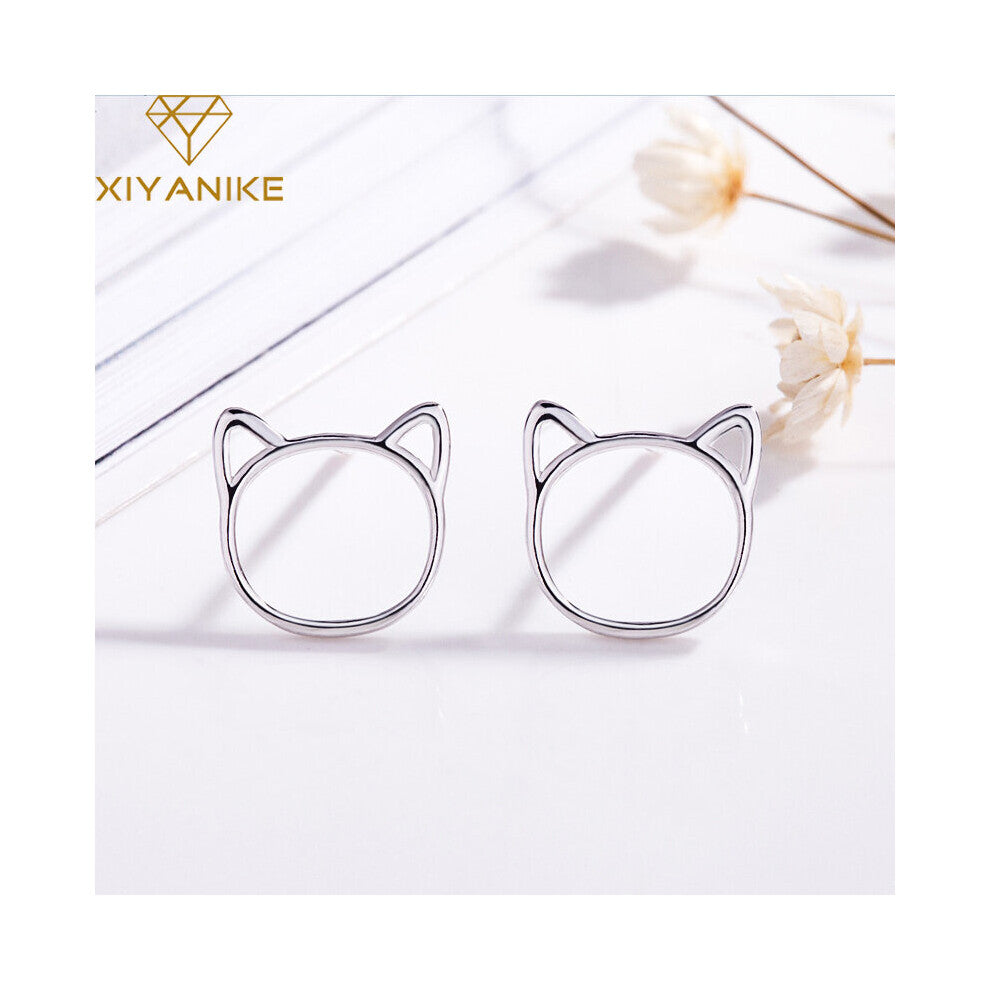Silver Hollow Cat Stud Earrings Prevent Allergy For Women Small Ear Hoops Animal Jewelry