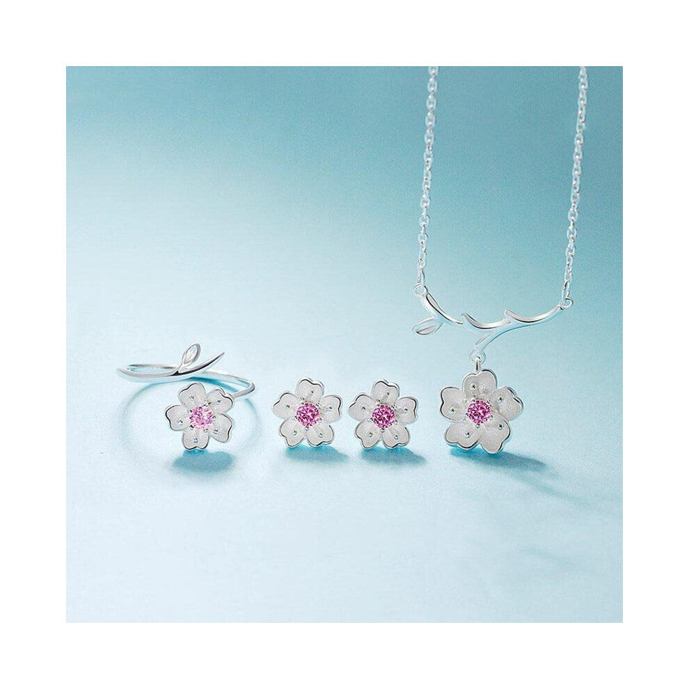 Silver Prevent Allergy Jewelry Sets Charm Women Cherry Flower Necklace+Earrings+Ring