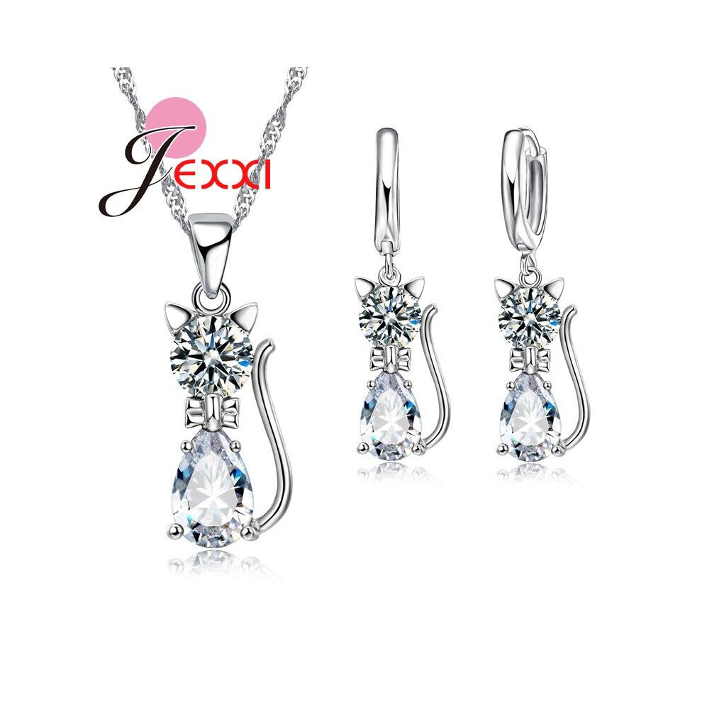 Jewellery Sets Accessories 925 Sterling Silver Cubic Zirconia Cat Kitty Necklace Pendant+Leverback Earrings