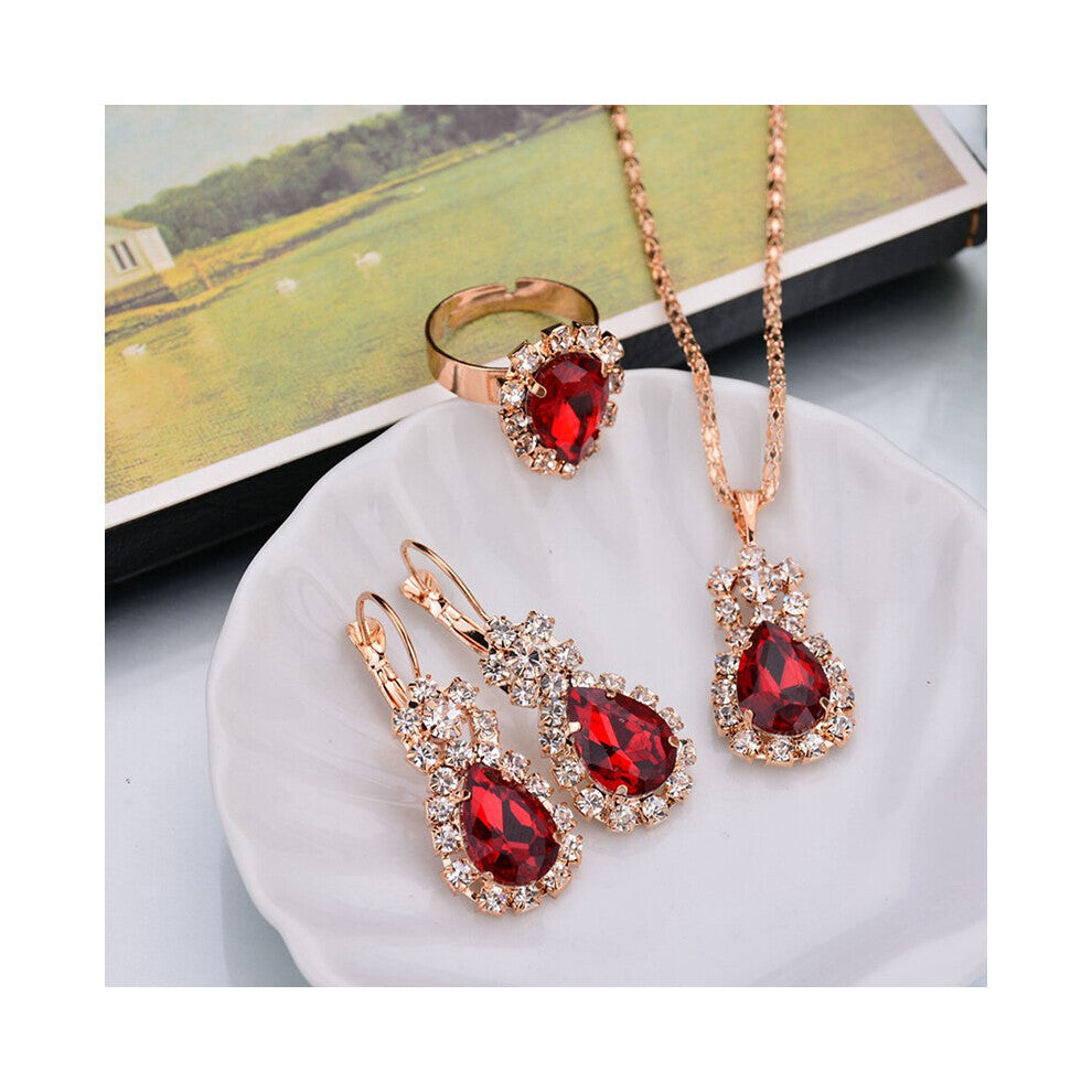 6 Colors Necklace-Earrings-Rings Jewelry Sets Hoop Earrings Water Drop Earrings Red Jewelry Set Rhinestones For Women