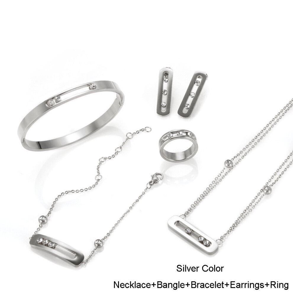 (Light Yellow Gold Color, 8) Sliding CZ Crystal Jewelry Set For Women Necklace-Earrings-Bangle-Bracelet-Ring Wedding Party Jewelry Gift