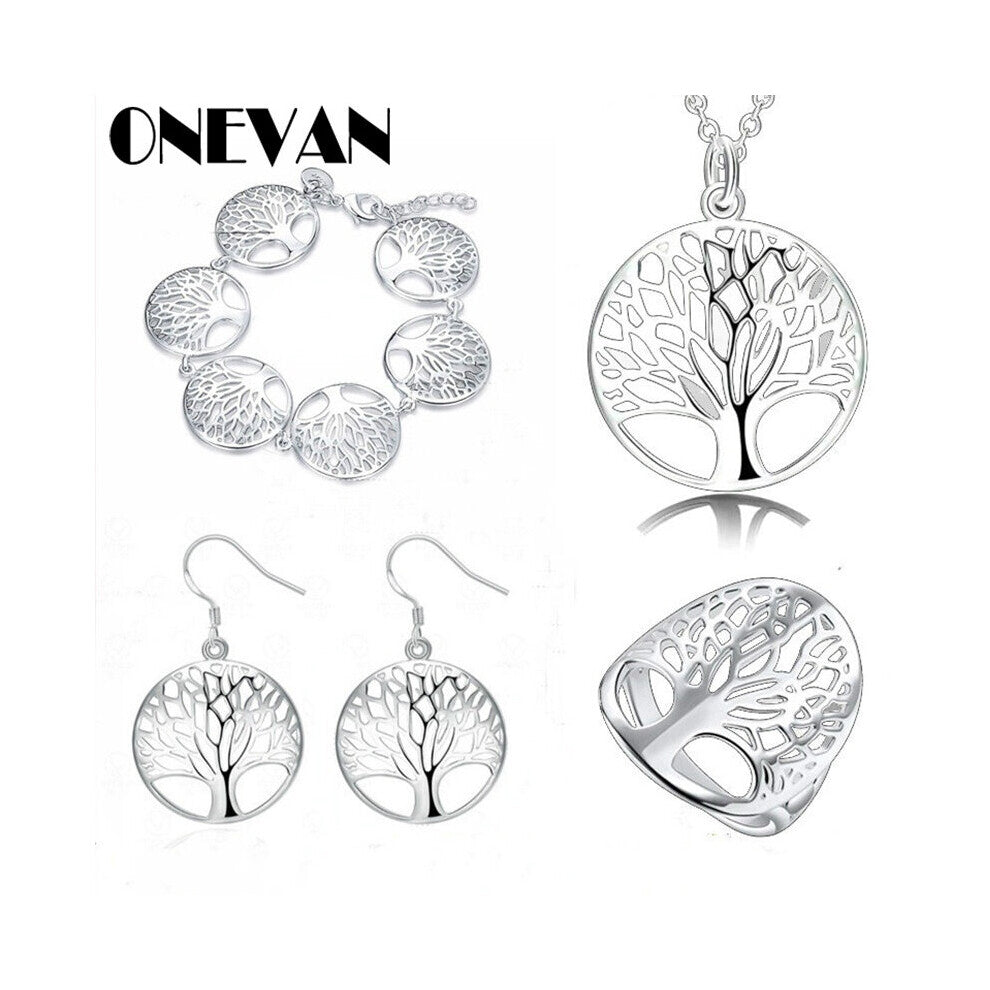 4PC-set Tree of Life Lucky Silver Pendant Necklace-Earrings-Bracelet-Ring Jewelry Set for Women Wedding Engagement