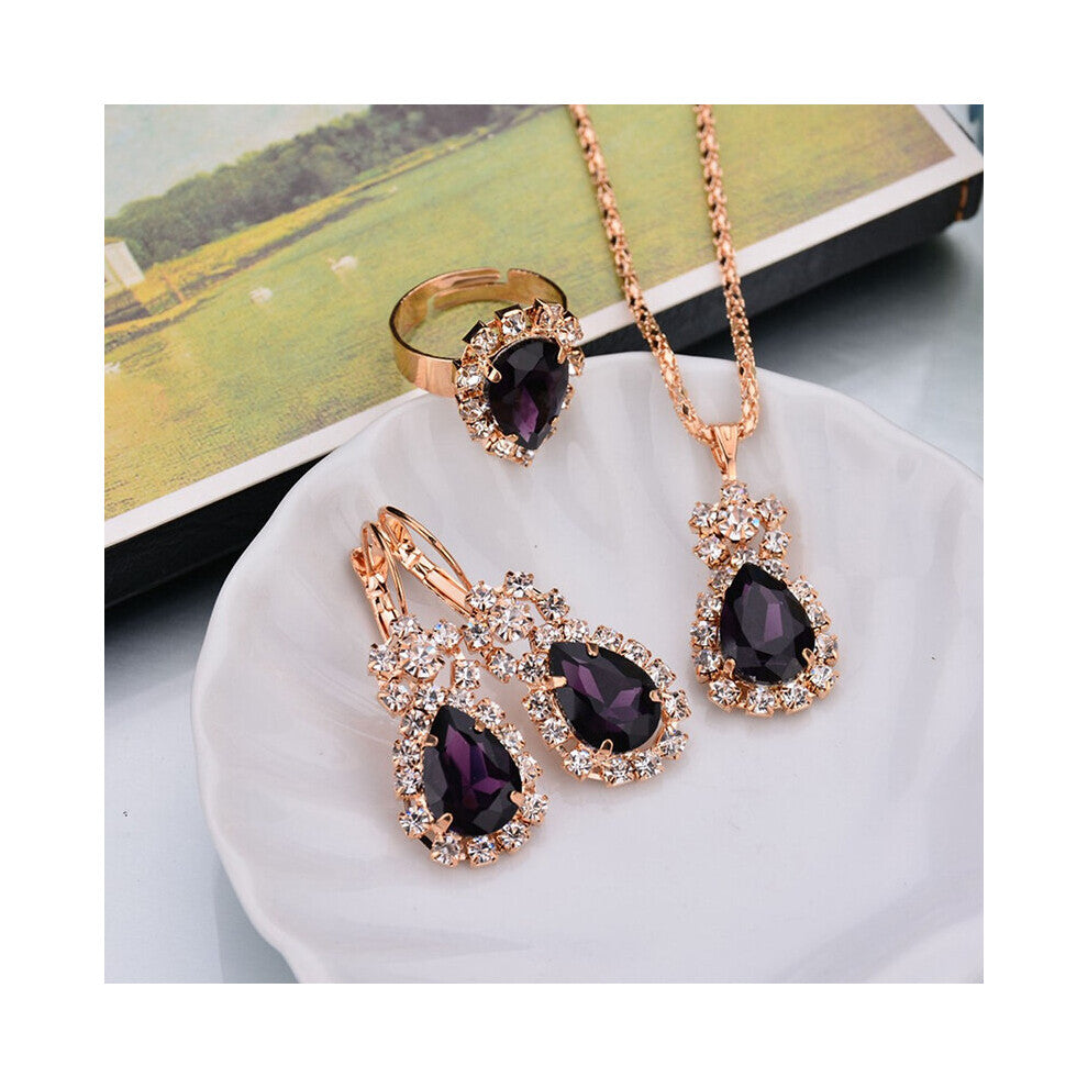 Water Drop Red Purple Rhinestones Jewelry Sets For Women Pendant-Necklace-Earrings-Rings