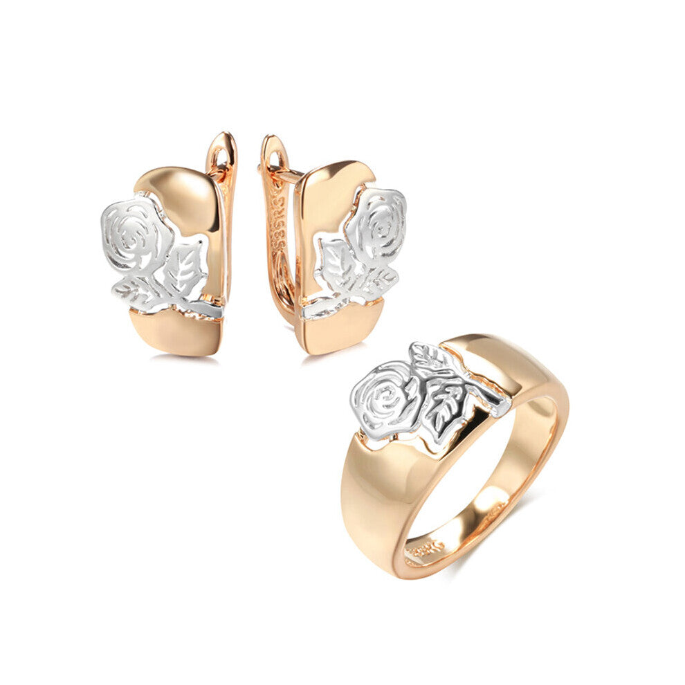 (Rose Gold Color, 8) Kinel Glossy Rose Flower Earrings Ring Sets for Women 585 With Silver Ethnic Vintage Wedding Jewelry Sets