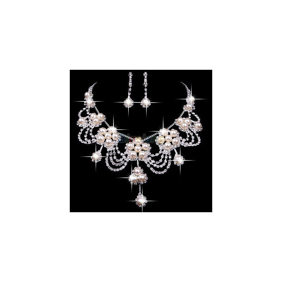 Sliver Plated Rhinestone Crystal Faux Pearl Necklace+Earring Jewelry Set For Bride Bridal Wedding A7UR
