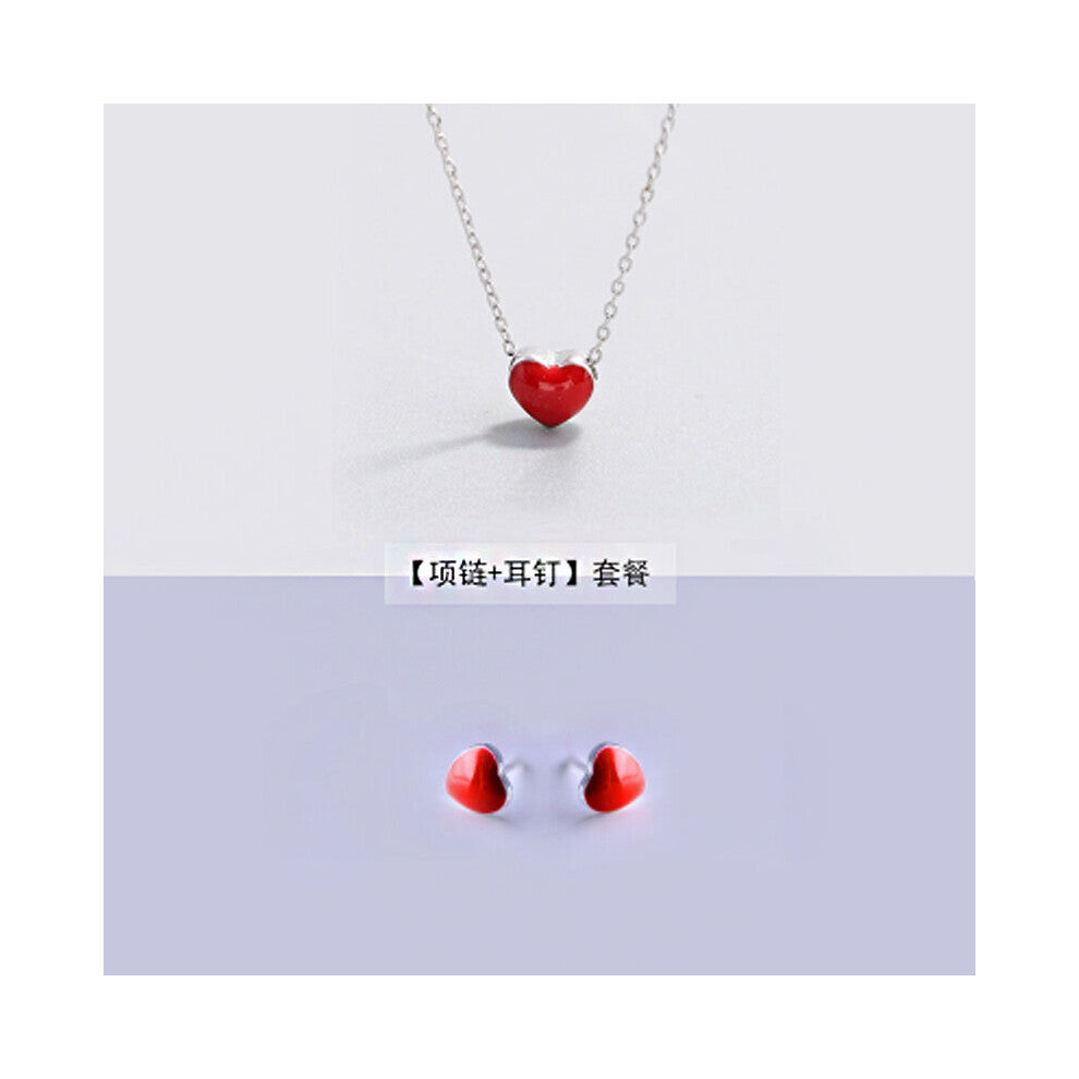 925 silver Needle Earrings+necklace for Women Jewelry Sets Tiny Red Glaze Heart Stud Earrings For Girls Kids Lady Gift