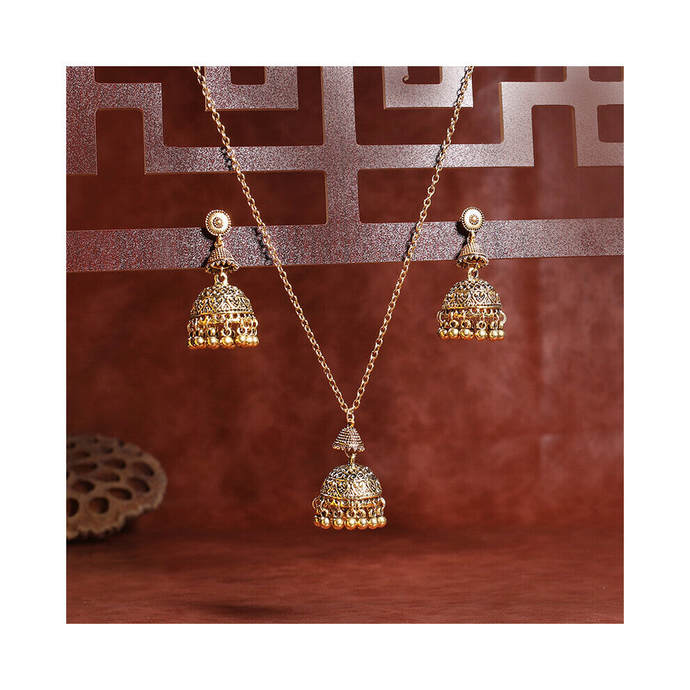 Vintage Indian Wedding Jewelry Set For Women Carved Bells Necklace&Earring Statement Dangle Earrings