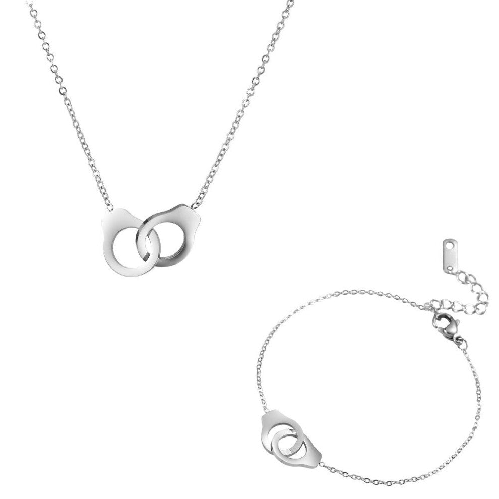 Cazador Handcuff Jewelry Sets for Women Girls Funny Necklace Charm Bracelet Stainless Steel Pendant Neck Chain Party