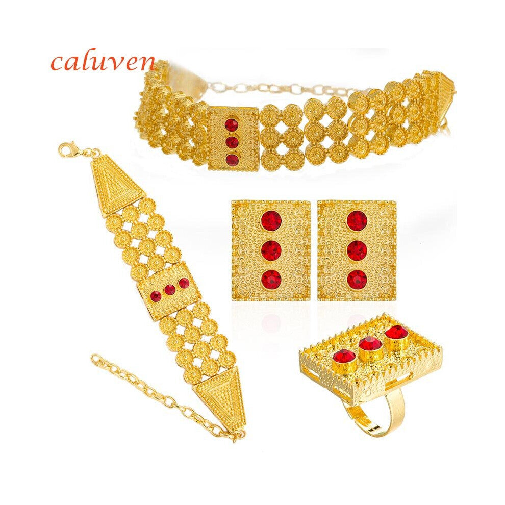 Ethiopian Jewelry sets Colored Stone Chokers Necklace-Earrings-Ring-Bracelet African Wedding Eritrean for Women