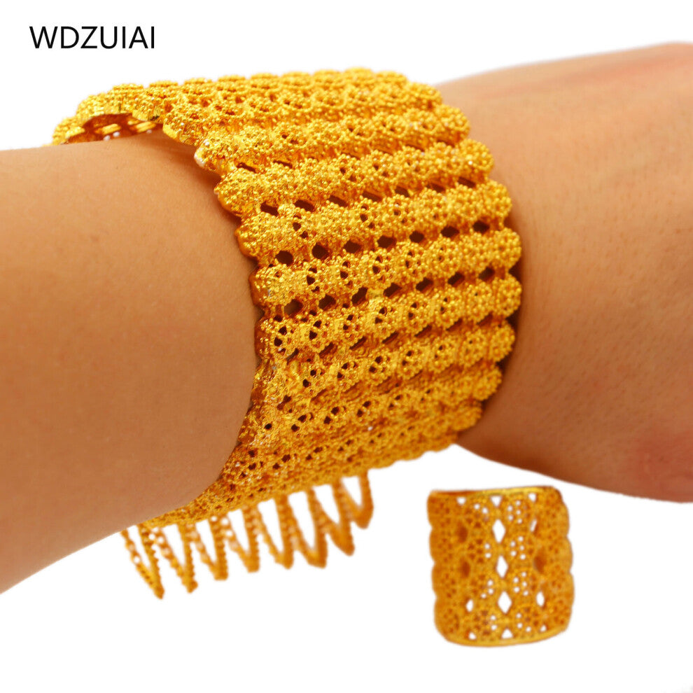 24K Tassels Cuff Bracelet&Ring Set French-African-Arab Women Bridal Wedding Jewelry Party