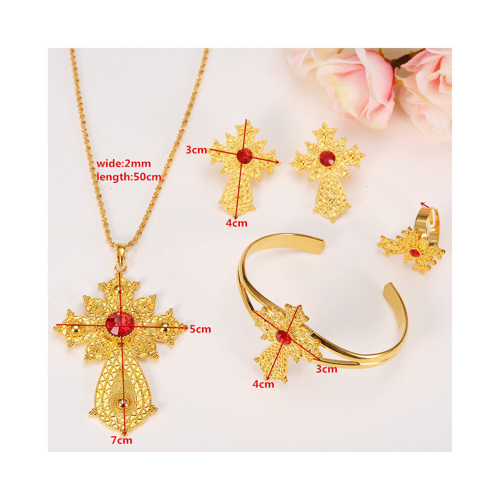 Ethiopian Rhinestone Cross Jewelry Set Necklace-Earrings-Ring-Bangle Habesha Africa Wedding
