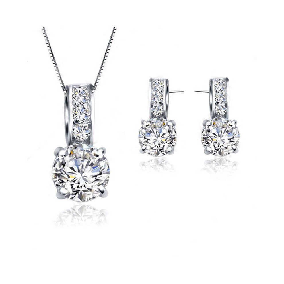 European 925 Sterling Silver Cubic Zircon Pendant Necklace-Earring Women Jewelry Sets