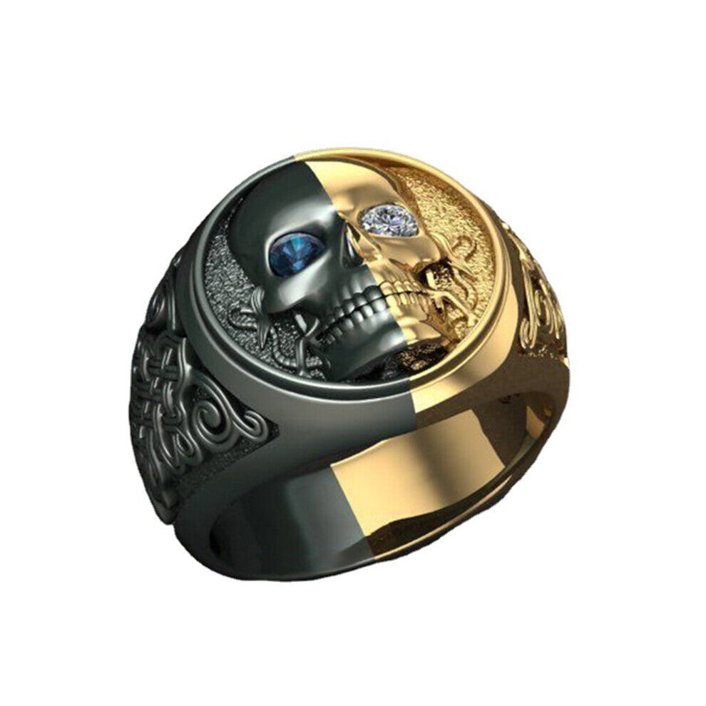 (Gold, 9) Vintage Alloy Double Skull Rings for Men Punk Zircon Eyes Skeleton Motorcycle Biker Ring Gothic Hip Hop Jewelry