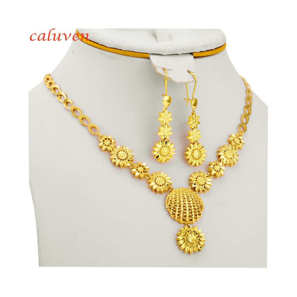 24k Ethiopian Dubai Jewelry Sets For Women Small Flowers Arab-African Jewelry Party Necklace-Earring for Girls
