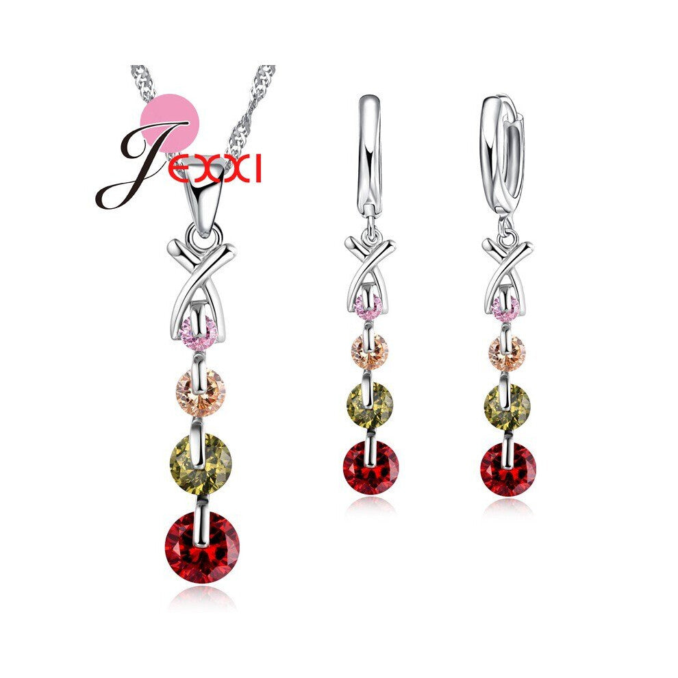 Colorful Cubic Zircon 925 Sterling Silver Necklace-Earrings-Pendant Jewelry Set For Women-Girls