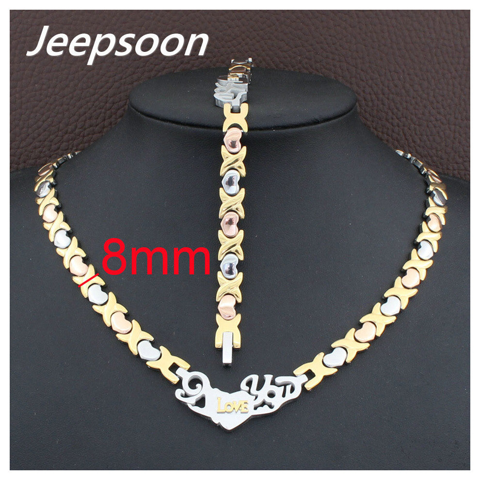 4 Colors For Choose Jewelry Stainless Steel Heart Love You Chain Necklace&Bracelet Set For Woman SFKGBEED