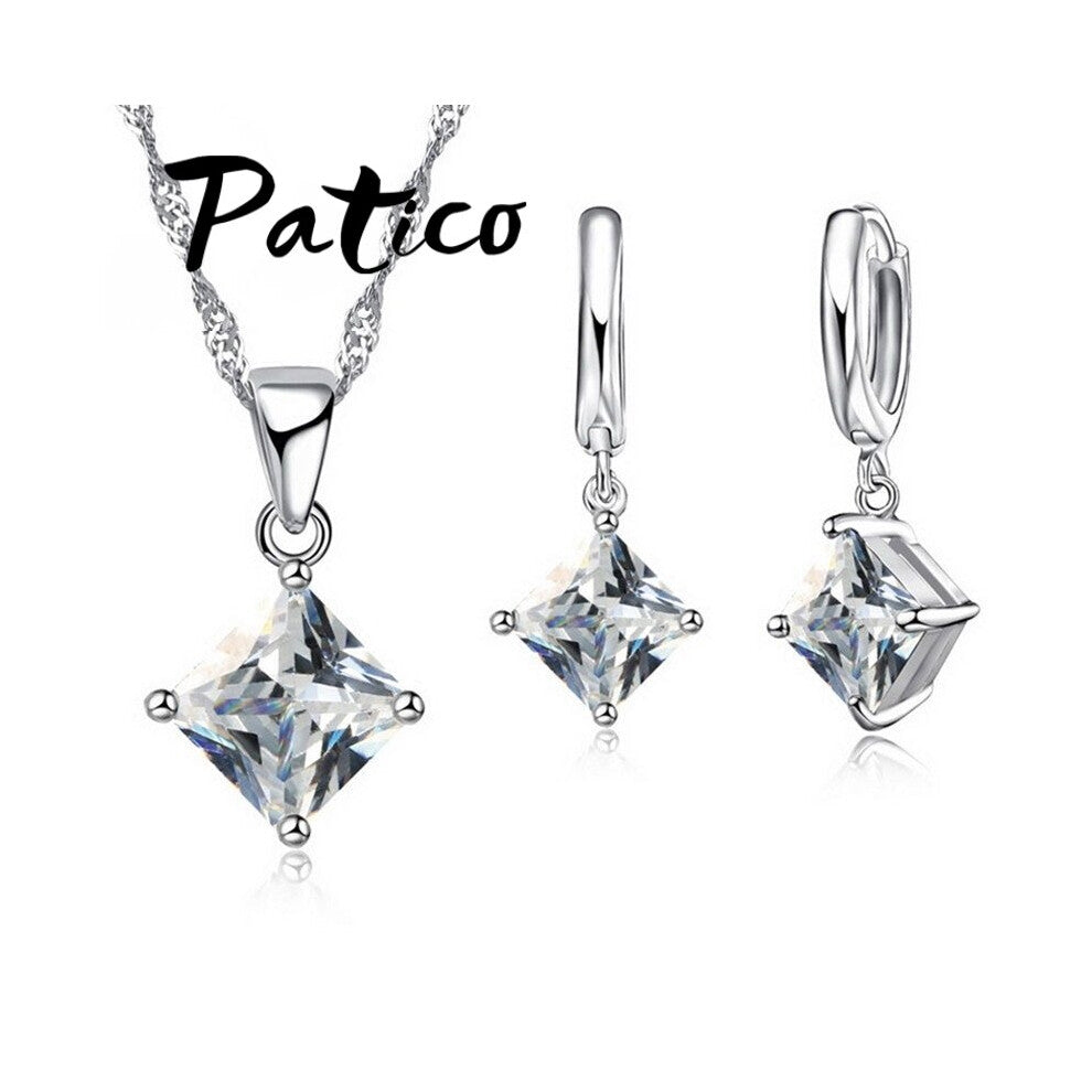 Newest 8 Colors Jewelry Sets Women Quadrilateral 925 Sterling Silver CZ Crystal Necklace-Earrings Jewelry