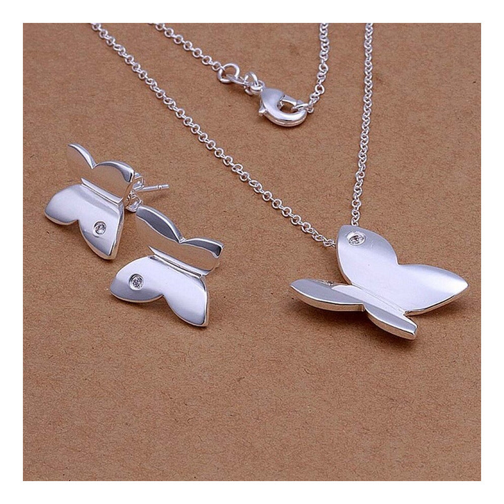 wedding jewelry Women lady wedding Glossy butterfly pendant necklace Stud Earrings Silver jewelry Set S349