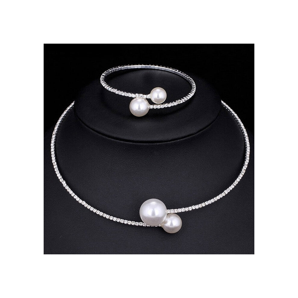 Women Simulated Pearl Bridal Jewelry Sets Crystal Wedding Necklace+Bracelet Set NIN668