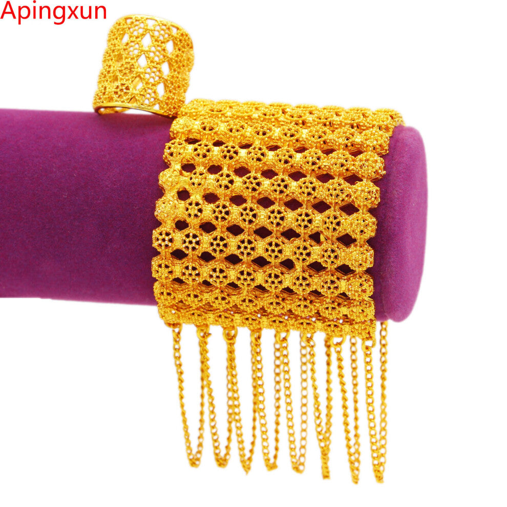 Arrival 24k Tassels Cuff Bracelet&Ring Set French-African-Arab Women Bridal Wedding Jewelry Party