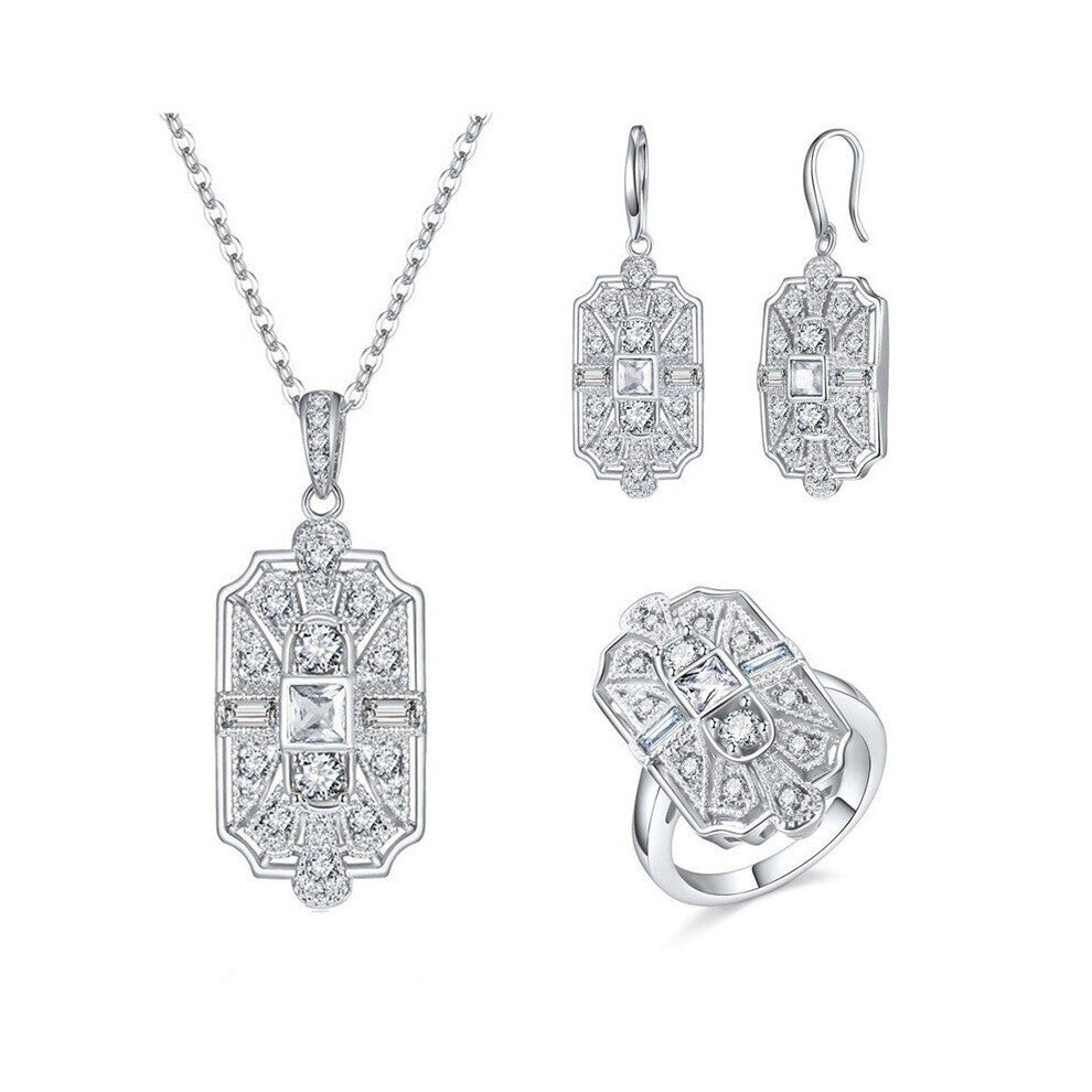 (Light Yellow Gold Color, 9) Woman Art Style Stone Crystal Necklace Earrings Ring Jewelry Sets Bridal Engagement Wedding