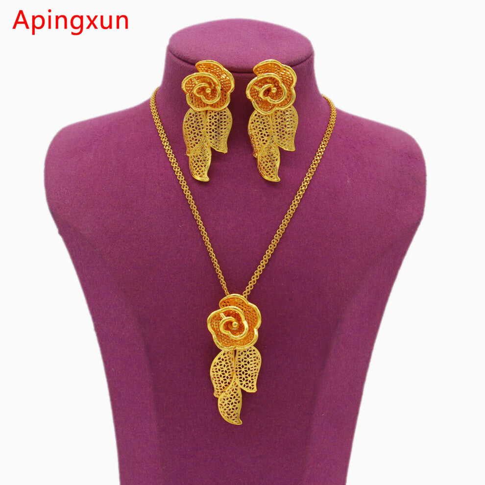 24K Pendent Necklace&Earrings Set Women Bridal Wedding Charm Jewelry African Arab Girls Party Jewelry