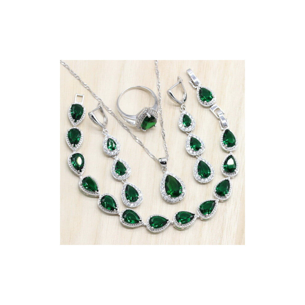 (Green, 8) Silver Jewelry Sets Green Cubic Zircon Long Earrings-Pendant-Necklace-Ring Heart Bracelet for women Gift Box