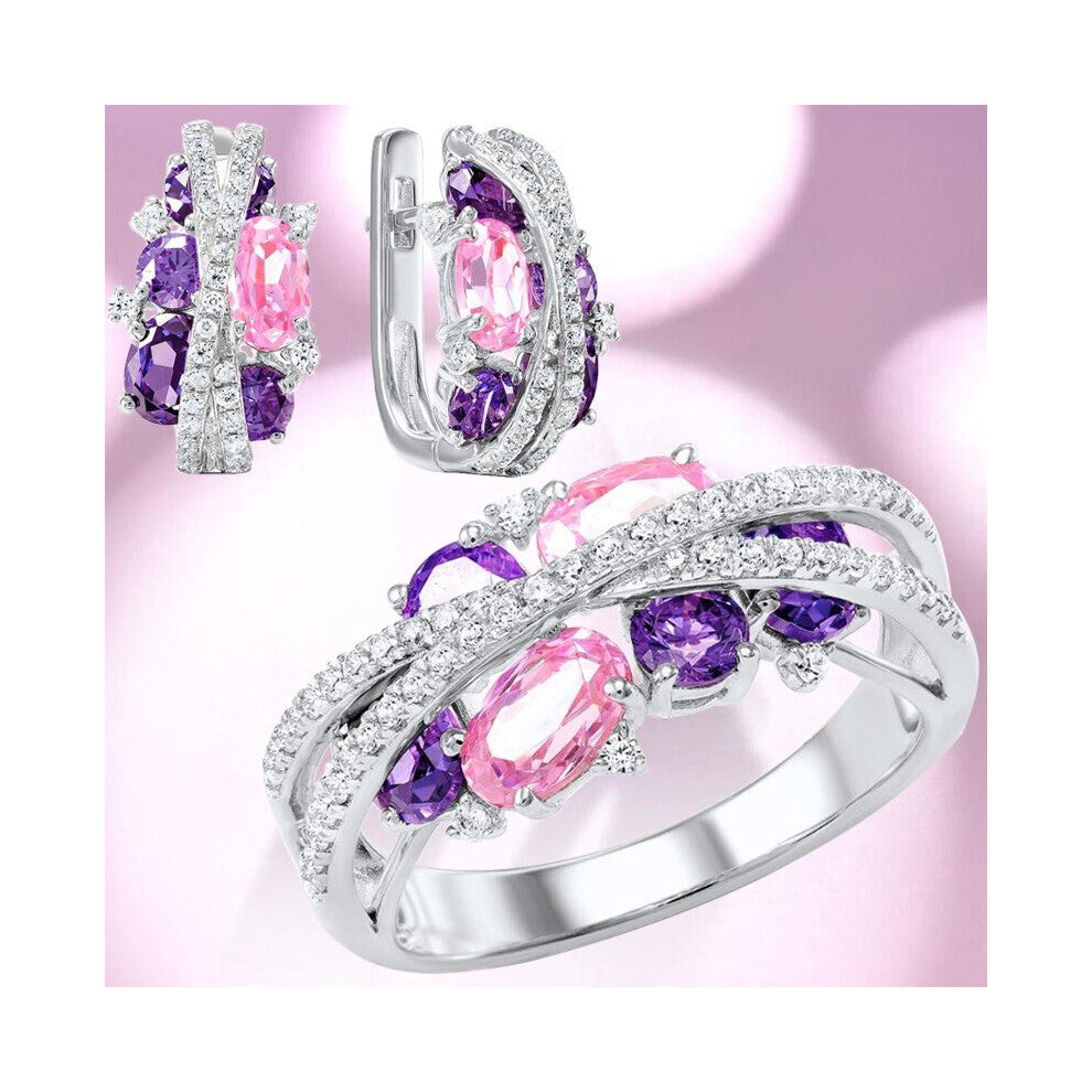 (Rhodium Plated, 8) Aquamarine Crystal Jewelry Set Wedding Engagement Ring Earrings Set Valentines Gift Jewelry Conjuntos De Joyeria