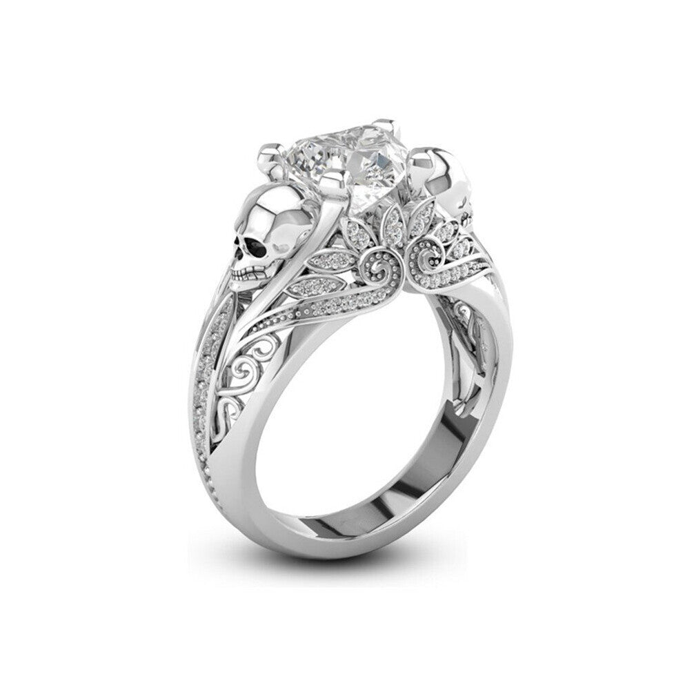 (Silver, 11) Heart Shape Crystal Stone Skull Wedding Rings for Women Punk Silver Skeleton Engagement Ring Boho Jewelry