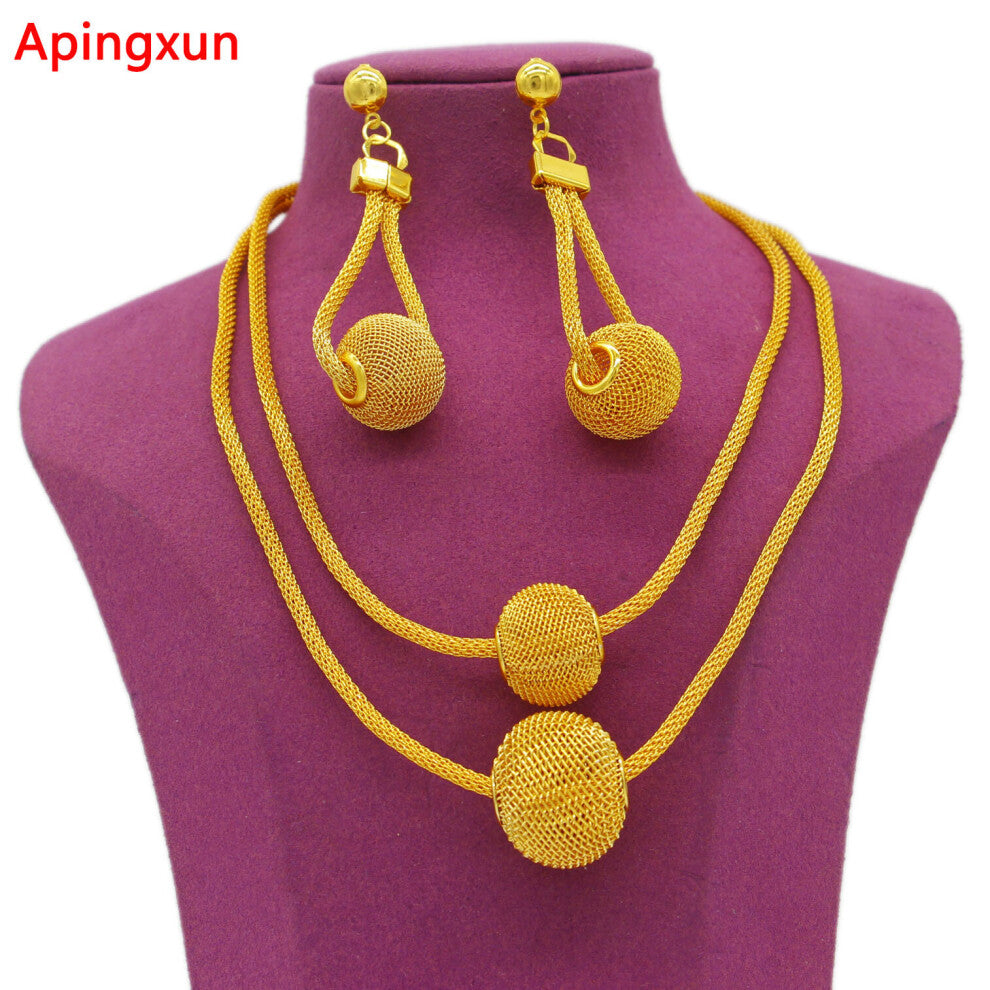 24K Bright Ball Shape Necklace&Earrings Jewelry Set Dubai African French Women Bridal Wedding Jewelry