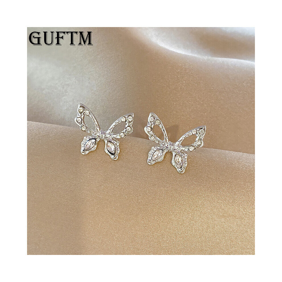 Silver Rhinestone Butterfly Hollow Earrings for Women Stud Earrings Girl Wedding Engagement Jewelry