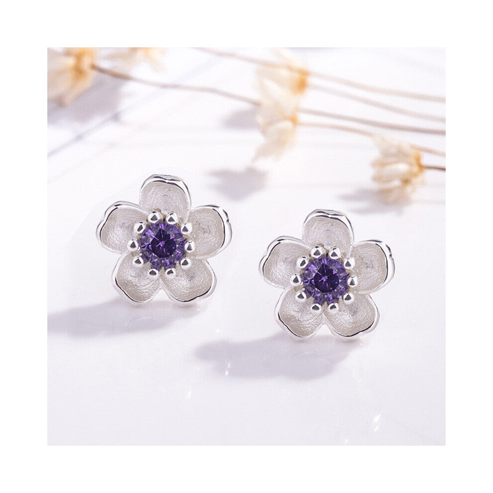 Silver Flower Crystal Stud Earrings For Women Multi-Color Charm Zircon Small Ear Hoops Jewelry