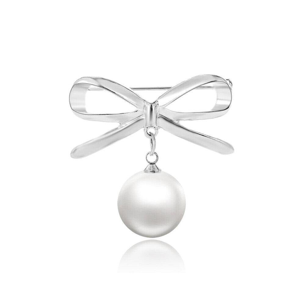 Silver Bowknot Simulated Pearl Brooch Lapel Pin For Women Dress Coat Cardigan Wedding Jewelry