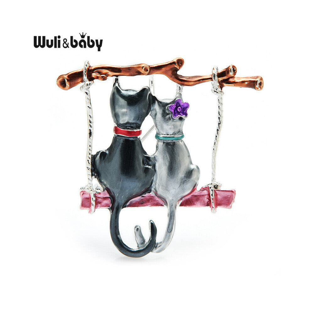 Couple Cats Brooches For Women Enamel Cartoon Swinging Cat Animal Party Casul Brooch Pins