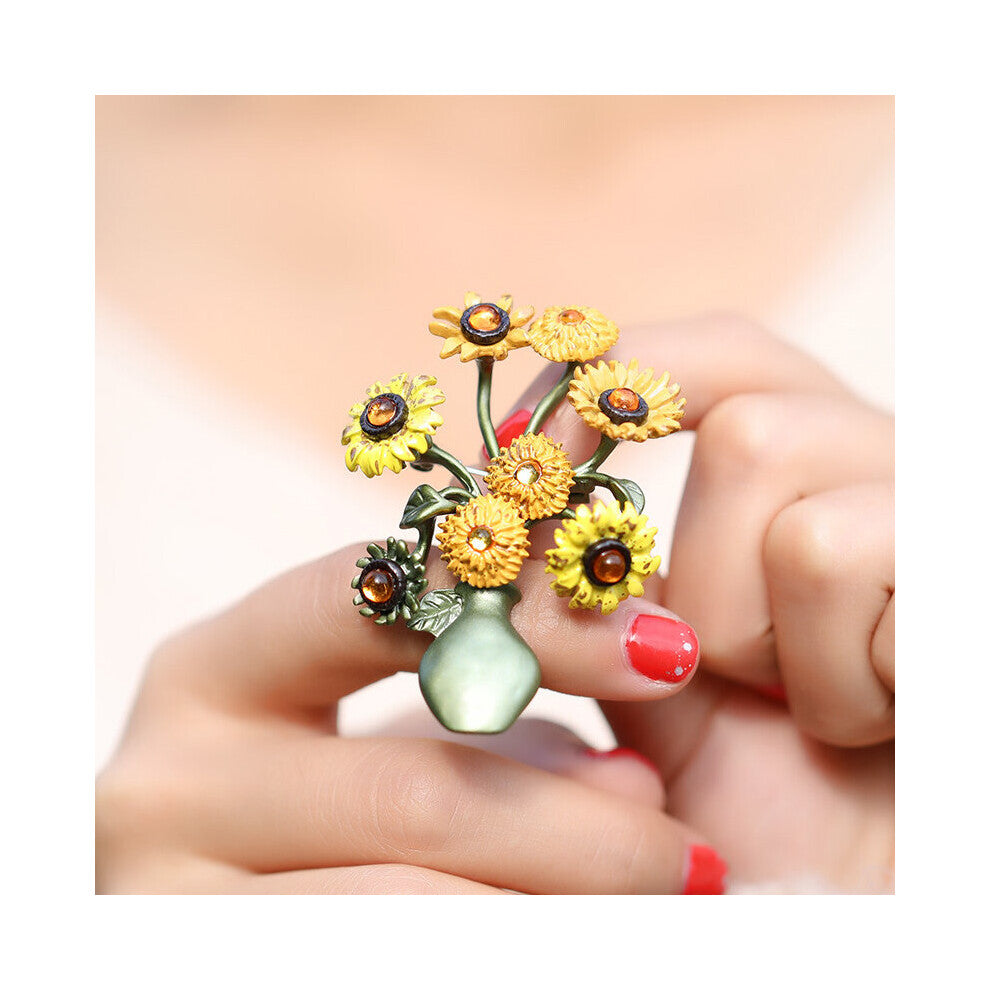 Retro Sunflower Vase Brooches For Woman Autumn Winter Brooch Party Accessories Gift