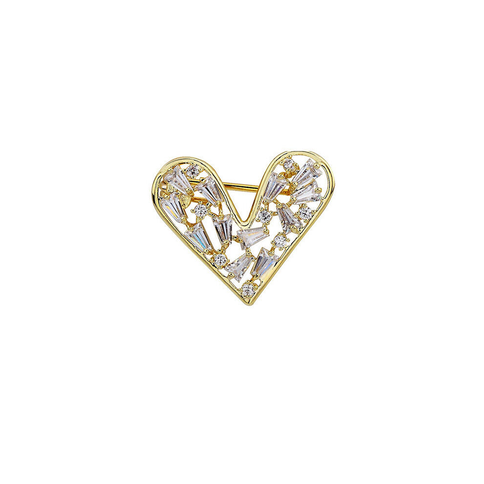Women's Heart Brooch Zircon Metal Love Brooch Pin Fixed Clothes Sweater Cardigan Lapel Pins Clothing Accessories Gift