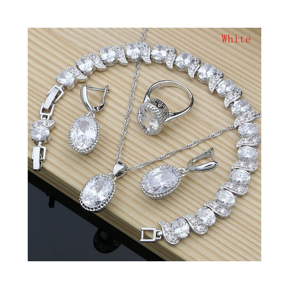 (White, 7) Silver 925 Bridal Jewelry Champagne Zircon Jewelry Sets For Women Earrings-Pendant-Necklace-Rings-Bracelet