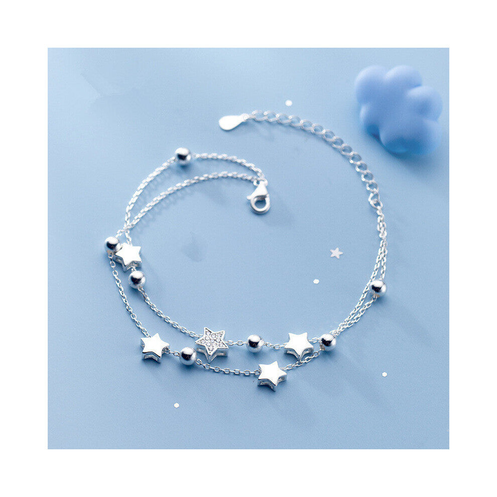 925 Sterling Silver Double Layer Zircon Star Round Bead Charm Bracelet&Bangle For Women Jewelry Pulseras