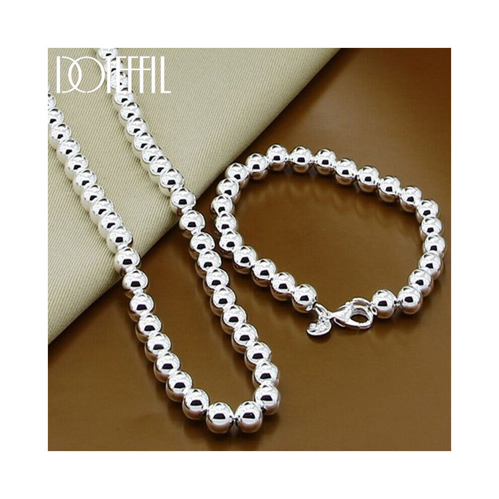 925 Sterling Silver 8mm Hollow Smooth Round Beads Necklace Bracelets Set For Women Wedding Engagement Party Jewelry