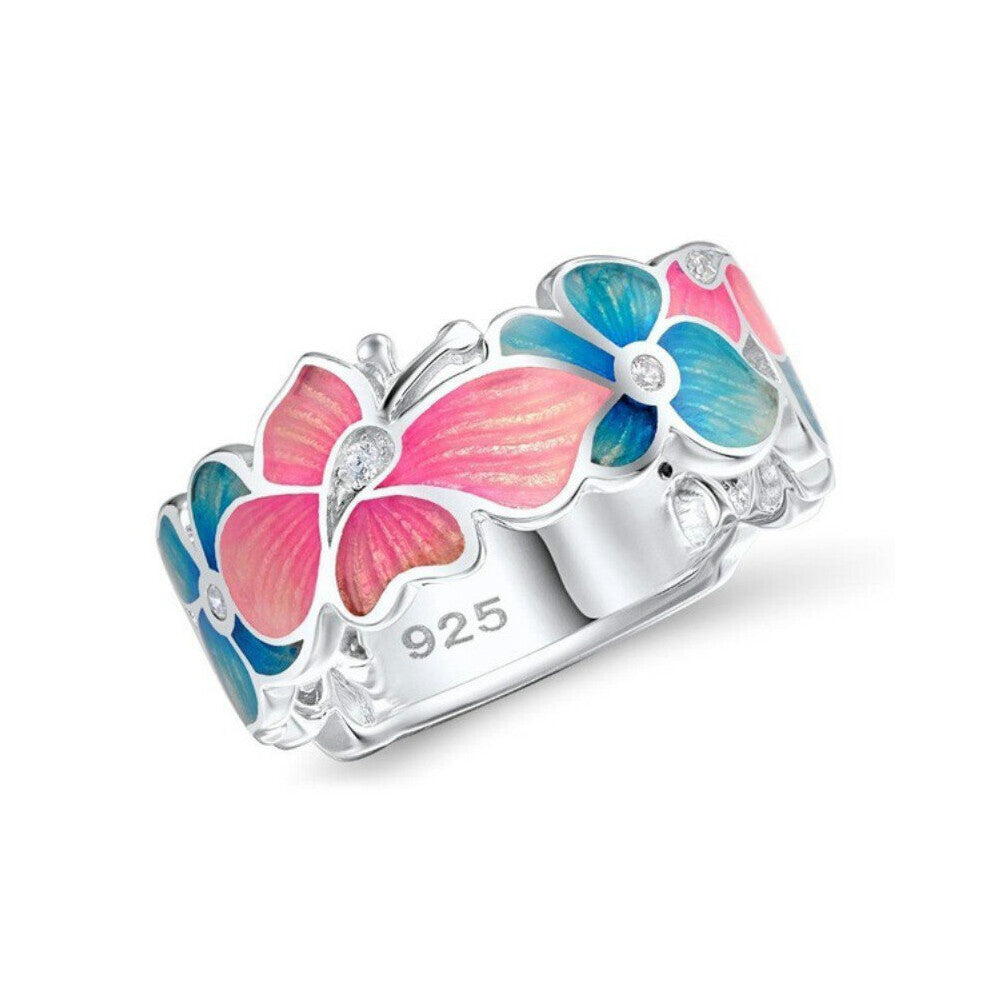 Pink Enamel Butterfly Vintage 925 Silver Wedding Ring Engagement Bridal Jewelry Christmas Gift Wedding Ring