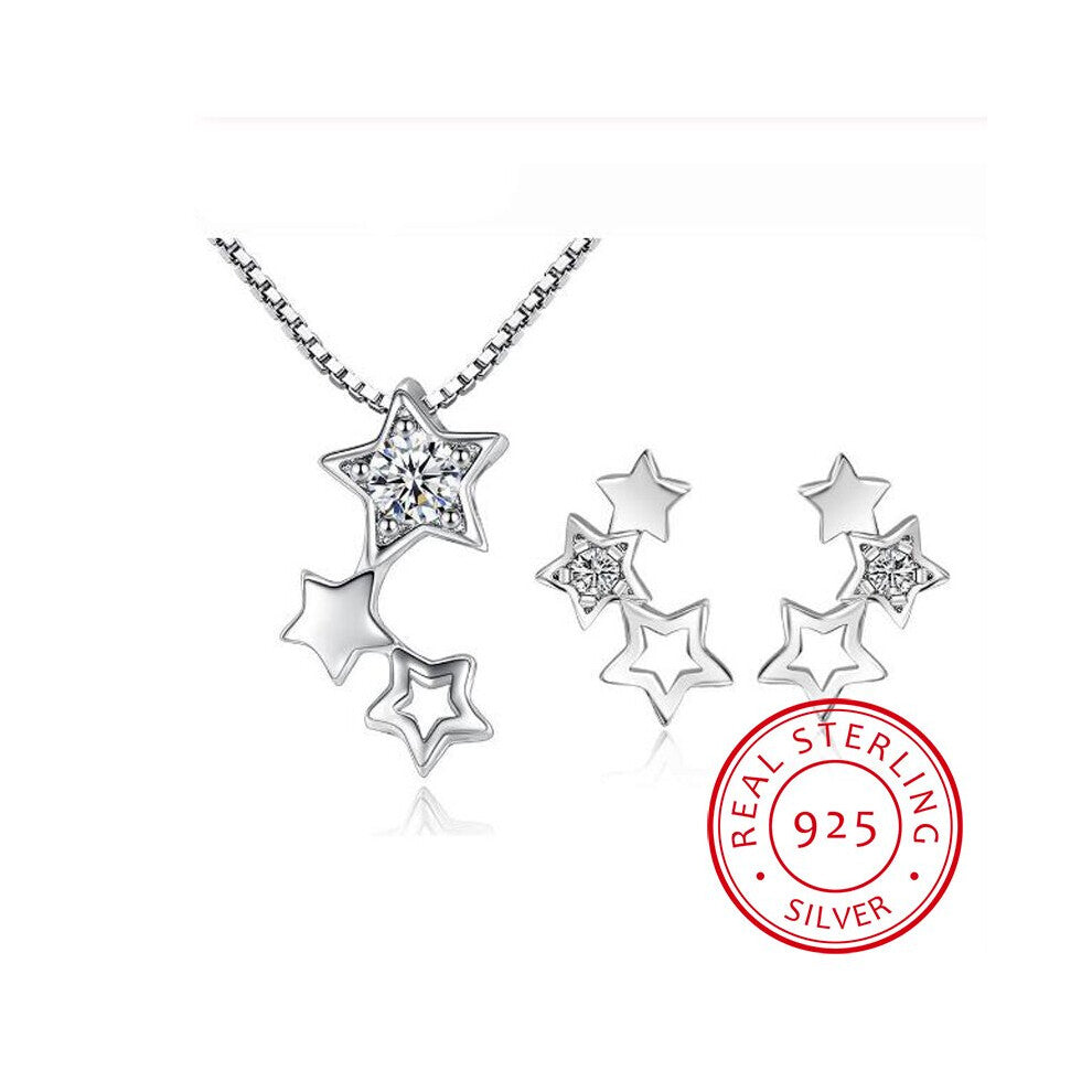 925 Sterling Silver Fine Jewelry Sets Zirconia Star Necklace+Earrings Two piece set For Women Girl Gift