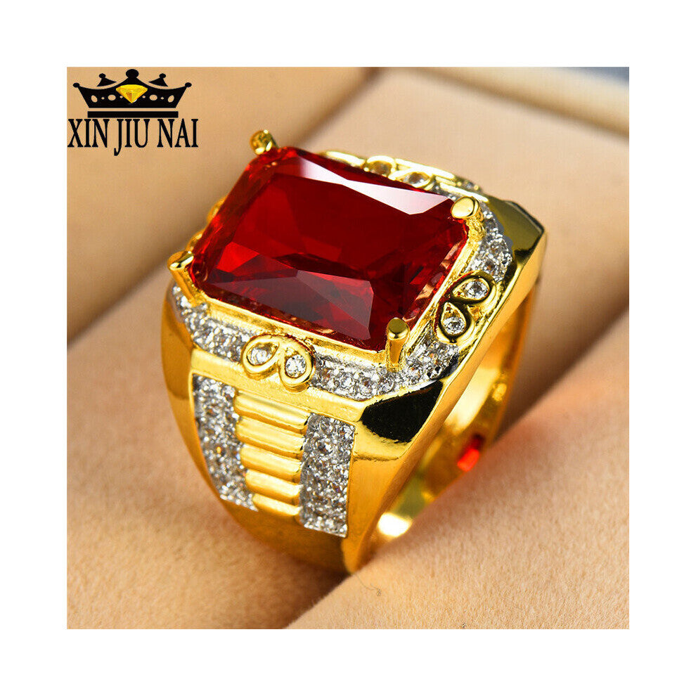 Gorgeous Male Big Red Stone s925 Ring 18KT Yellow Filled Vintage Wedding Engagement Rings For Men for men