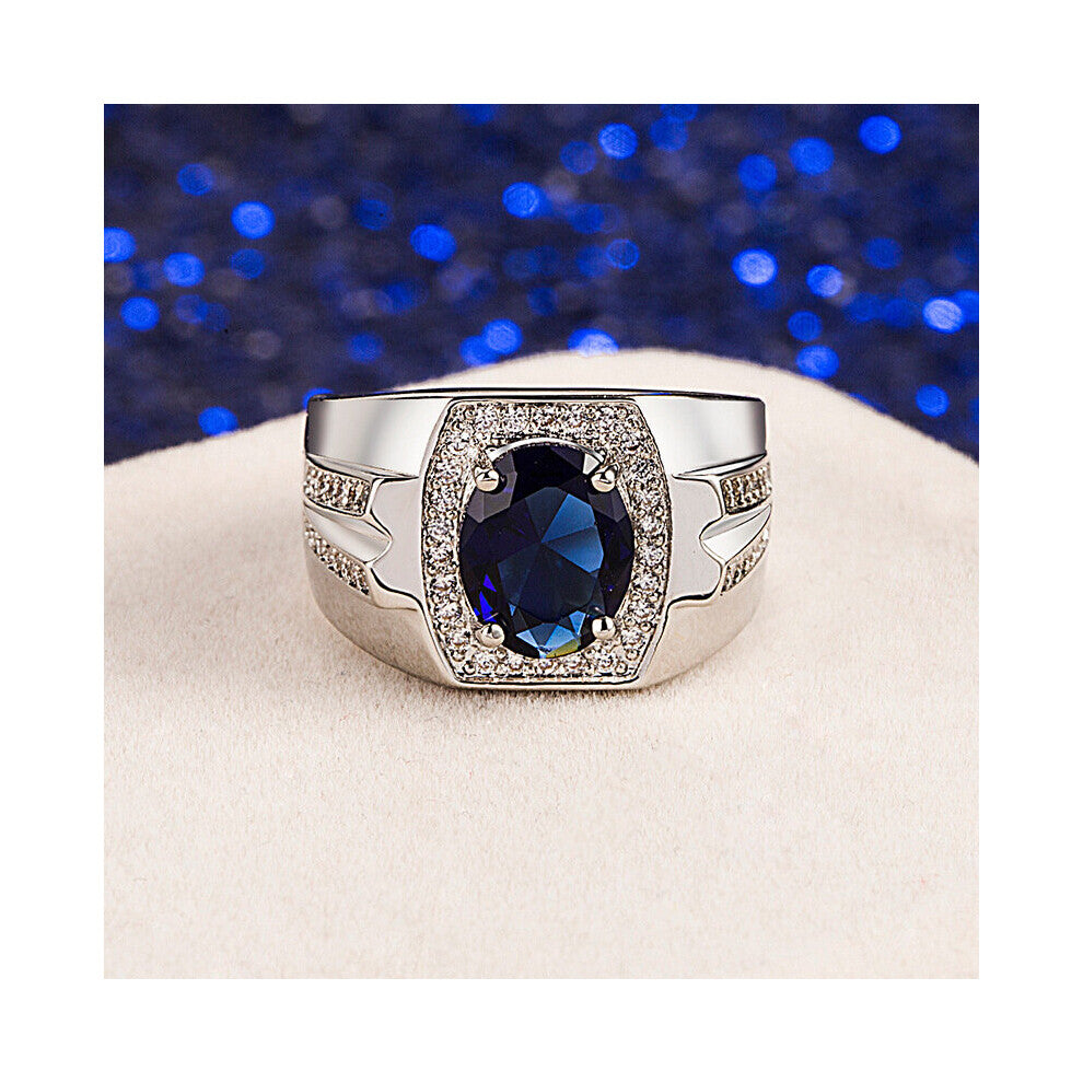 Men Ring 925 Silver Jewelry Oval Shape Sapphire Zircon Gemstone Finger Rings Accessory for Male Wedding Engagement Party