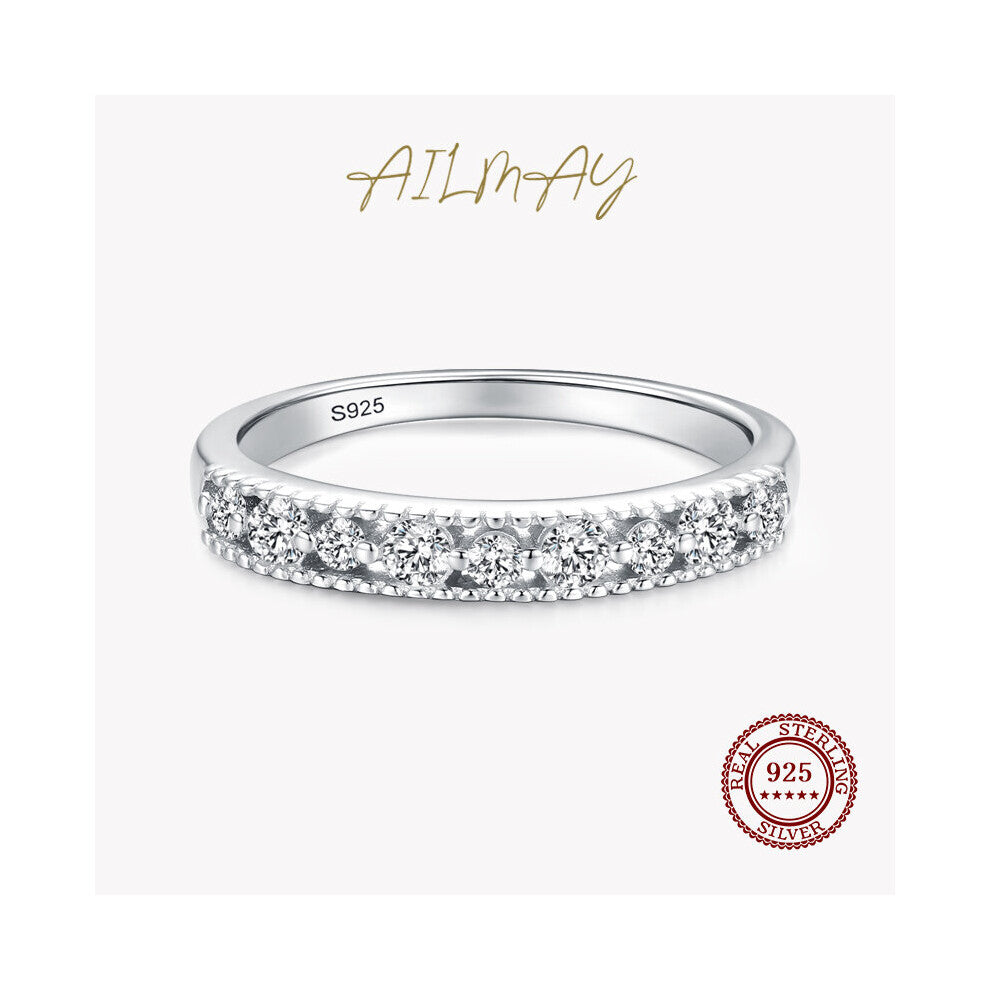 Real 925 Sterling Silver Clear Zircon Finger Ring Stackable Round Rings For Women Wedding Engagement Fine Female Jewelry