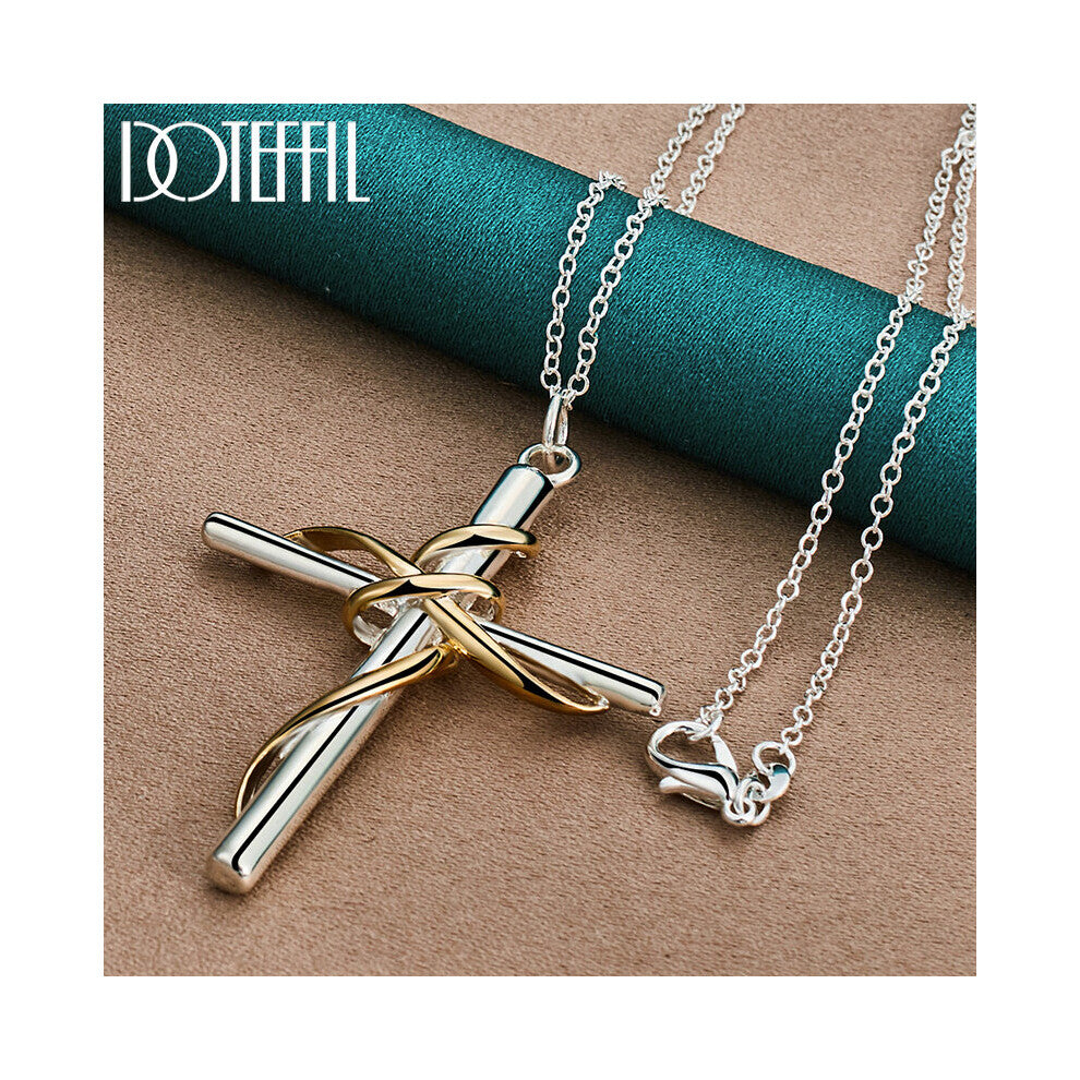 (White, 75cm) 925 Sterling Silver Cross Pendant Necklace 18-30 Inch Chain For Woman Man Wedding Engagement Party Jewelry