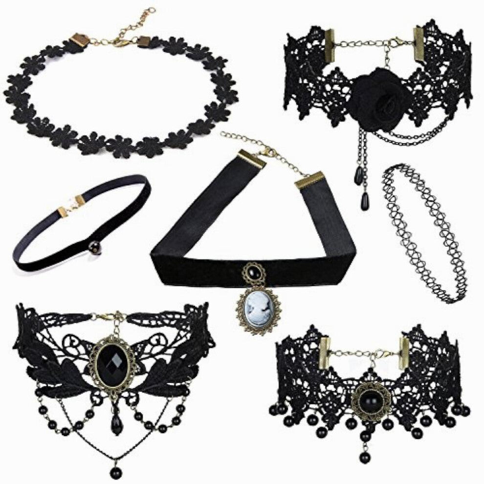 Jewellery Girls-Women's Fabric Lace Chokers Stylish Necklace Combo Set of 7 Pieces (cmb271)
