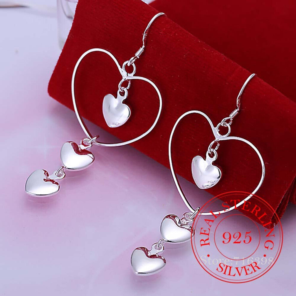 925 Sterling Silver Romantic 3 Solid Heart Vintage Long Tassel Dangle Earrings For Women Engagement Wedding Jewelry