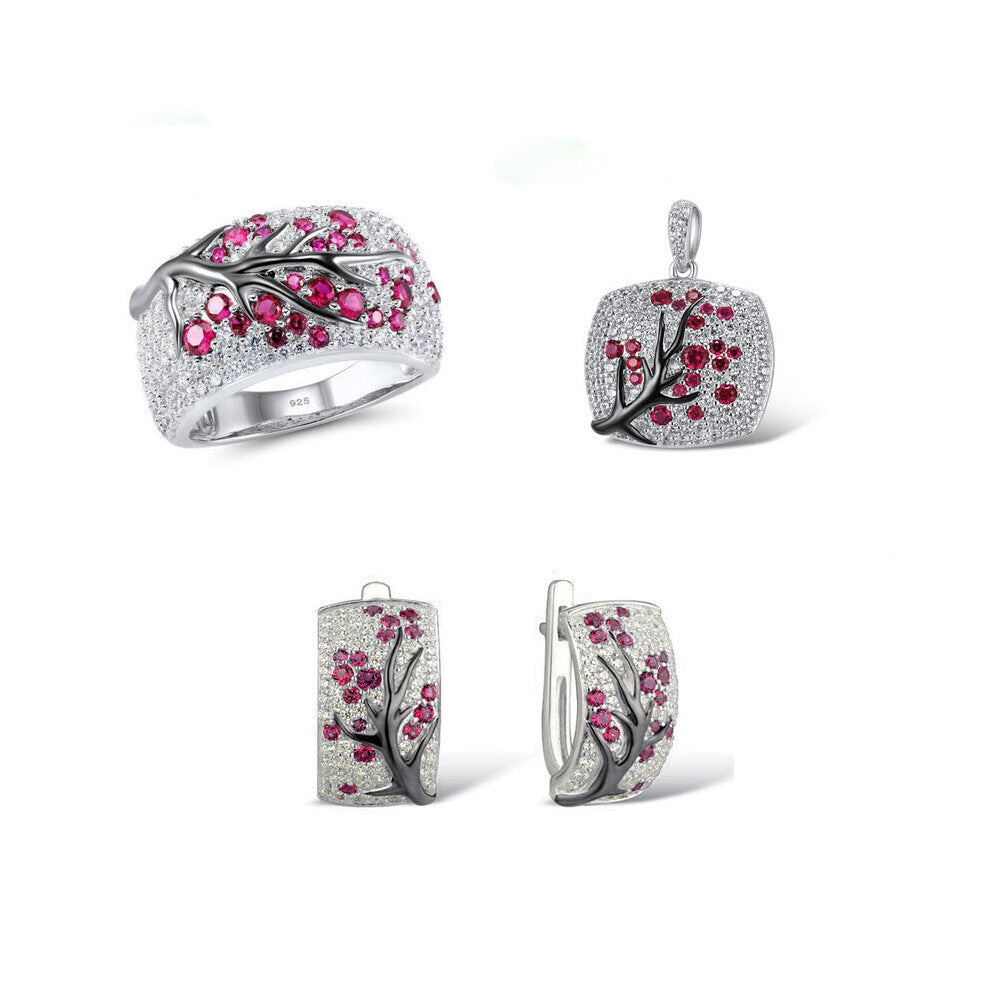 Romantic 925 Sterling Silver Jewelry Sets for Women Red Zircon Leaves Branch Necklace+Ring+Earrings Unique Female Gift